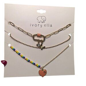 Ivory Ella Necklace Set of 3 – Gold Chain, Beaded, Heart Pendant – NWT